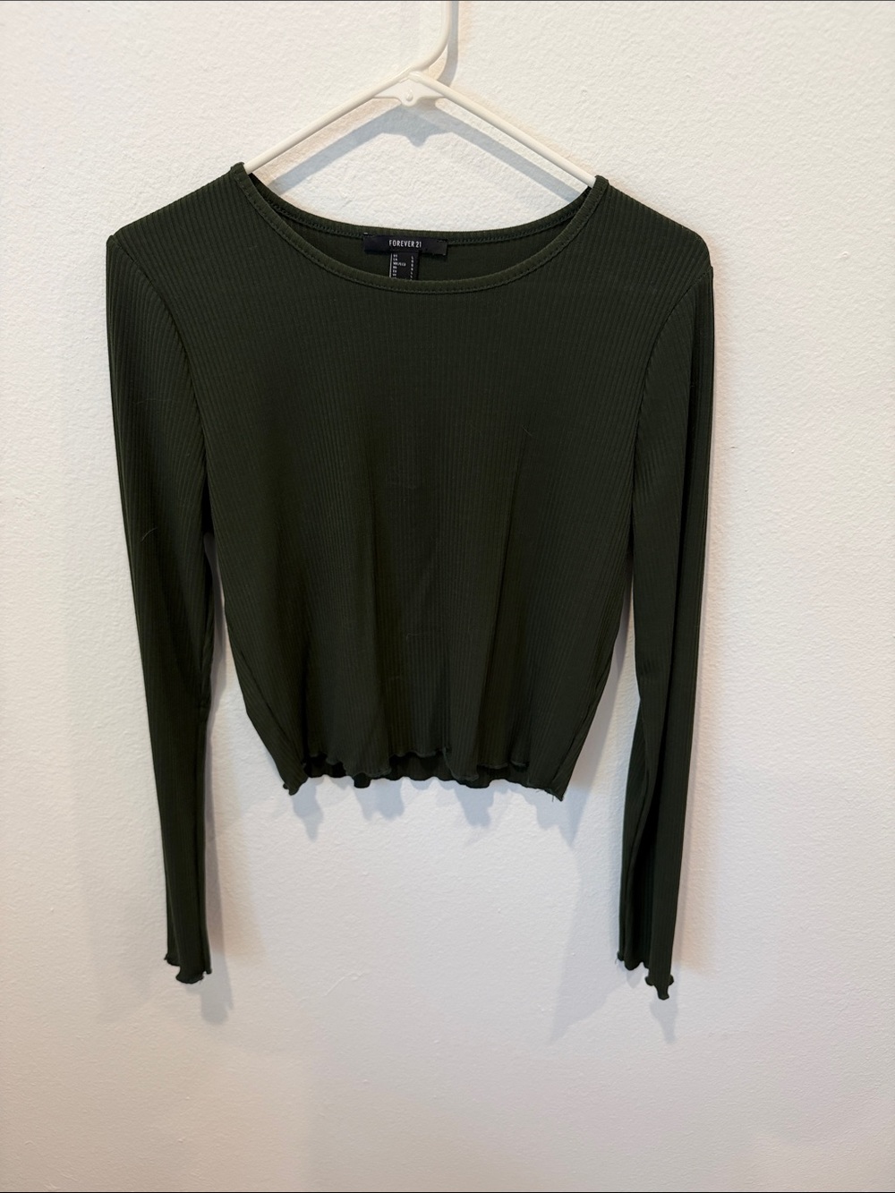 Forever 21 Dark Olive Ribbed Long Sleeve Crop Top